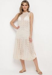 Beżowa Ażurowa Tunika Boho bez Rękawów Kimalia. Brązowe tuniki damskie Born2be, m, z aplikacjami, boho, bez ramiączek. Za 99.99 zł.