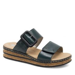 Klapki Rieker. Niebieskie klapki damskie Rieker, bez wzorów, bez obcasa, bez zapięcia. Za 299.99 zł.