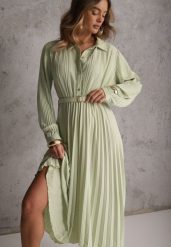 Zielona Koszulowa Sukienka z Plisowanymi Zdobieniami i Paskiem z Klamrą Efrivelle. Zielone sukienki damskie Renee, na co dzień, l, z aplikacjami, eleganckie, bez kołnierzyka, bez ramiączek, midi, kopertowe. Za 149.99 zł.