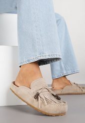 Ciemnobeżowe Klapki z Frędzlami i Kokardą Narialla. Brązowe klapki damskie Born2be, na lato, bez wzorów, bez obcasa, na płaskiej podeszwie, bez zapięcia. Za 119.99 zł.