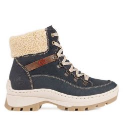 Trzewiki Rieker. Niebieskie botki damskie Rieker, bez wzorów, bez obcasa, na płaskiej podeszwie, bez zapięcia. Za 272.99 zł.