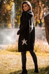 Kardigan z Kapturem i Motywem Gwiazdy - Czarno Srebrny. Czarne kardigany damskie MOE, l, bez wzorów, z materiału, bez kołnierzyka. Za 283.90 zł.
