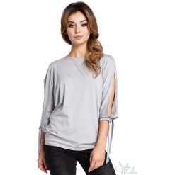 Bluzka rozcięte rękawy bee-036. Szare bluzki damskie BEE, m, bez wzorów, z jeansu, bez kołnierzyka, bez ramiączek. Za 109.90 zł.