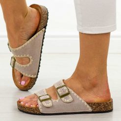 Khaki klapki damskie Potocki 17302. Brązowe klapki damskie POTOCKI, na lato, bez wzorów, z jeansu, eleganckie, bez obcasa, na płaskiej podeszwie, bez zapięcia. Za 89.00 zł.