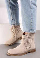 Beżowe Botki z Ażurową Cholewką i Skórzaną Wkładką Tinalei. Brązowe botki damskie Born2be, w ażurowe wzory, z jeansu, eleganckie, bez obcasa, na płaskiej podeszwie, bez zapięcia. Za 159.99 zł.