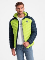 Nylonowa dwukolorowa pikowana kurtka męska w stylu sportowym – limonkowa V4 OM-JALP-0185 - XXL. Kurtki męskie Ombre Clothing, l, z aplikacjami, z materiału, sportowe, bez kaptura. W wyprzedaży za 109.99 zł.