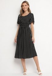 Czarna Sukienka z Bawełny Rozkloszowana w Kropki Toliennea. Czarne sukienki damskie Born2be, na co dzień, l, bez wzorów, z bawełny, eleganckie, bez kołnierzyka, bez ramiączek, midi, rozkloszowane. Za 49.99 zł.