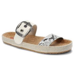 Klapki damskie Big Star, materiał syntetyczny z regulowanym paskiem zapinanym na klamrę profilowaną wkładką, białe wężowe, JJ274728. Białe klapki damskie BIG STAR, na lato, bez wzorów, z materiału, eleganckie, bez obcasa, bez zapięcia. Za 109.00 zł.