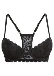 Biustonosz usztywniany z zapięciem z przodu i tyłem typu bokserka. Czarne biustonosze bonprix, bez wzorów, z koronki. Za 47.99 zł.