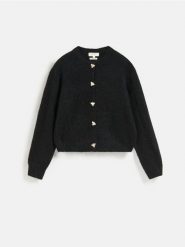Kardigan z dodatkiem moheru - czarny. Czarne kardigany damskie Reserved, l, bez wzorów, z dzianiny, bez kołnierzyka. Za 299.99 zł.