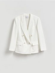 Marynarka z wiskozą - biały. Białe marynarki i żakiety damskie Reserved, bez wzorów, z tkaniny, bez kołnierzyka, bez ramiączek. Za 249.99 zł.