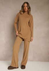 Brązowy Komplet z Dzianiny z Bawełną Spodnie Wide Leg i Sweter Lanneia. Brązowe swetry nierozpinane damskie Renee, uniwersalny, bez wzorów, z bawełny, eleganckie, bez kołnierzyka, bez ramiączek. Za 129.99 zł.