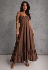 Brązowa Rozkloszowana Sukienka z Bawełny z Wiązanymi Ramiączkami Milistia. Brązowe sukienki damskie Renee, na co dzień, m, bez wzorów, z bawełny, eleganckie, bez kołnierzyka, bez ramiączek, maxi, gorsetowe. Za 169.99 zł.