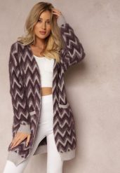 Ciemnofioletowy Niezapinany Kardigan o Przedłużonym Fasonie w Zygzaki Chevron Oherna. Fioletowe kardigany damskie Renee, bez wzorów, z tkaniny, bez kołnierzyka. Za 99.99 zł.