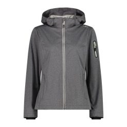 Damska kurtka turystyczna z kapturem CMP. Szare kurtki sportowe damskie CMP, l, bez wzorów, z softshellu, bez ramiączek, z kapturem, trekkingowe. Za 411.25 zł.