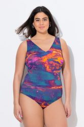 Damski Strój kąpielowy bez miękkich miseczek dekolt w serek z recyklingu. Brązowe stroje kąpielowe damskie Ulla Popken, plus size, bez wzorów, z elastanu. Za 159.99 zł.