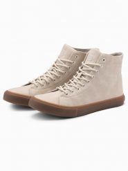 Buty męskie trampki za kostkę z gumową podeszwą – kremowe V1 OM-FOTH-0187 - 45. Białe trampki męskie Ombre Clothing, bez wzorów, z gumy, klasyczne, za kostkę, bez zapięcia. W wyprzedaży za 119.99 zł.