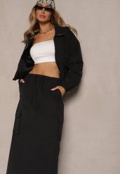Czarny Komplet z Bawełną Spódnica i Rozpinana Bluza Evorea. Czarne bluzy damskie Renee, na lato, l, bez wzorów, z bawełny, bez ramiączek, bez kaptura. Za 249.99 zł.