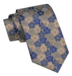 Modny Krawat Męski - Alties - Kwiaty w Odcieniach Niebieskiego i Beżu. Niebieskie krawaty i muchy Alties, bez wzorów, z tkaniny, eleganckie. Za 49.00 zł.
