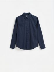 Koszula slim z bawełny merceryzowanej - granatowy. Niebieskie koszule męskie Reserved, l, bez wzorów, z bawełny, bez kołnierzyka, bez ramiączek. Za 129.99 zł.