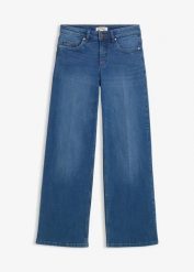 Dżinsy wide leg, średni stan, z bawełny organicznej. Niebieskie jeansy damskie bonprix, bez wzorów, z bawełny. Za 169.99 zł.