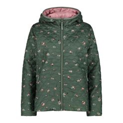 Kurtka puchowa damska z odpinanym kapturem CMP. Zielone kurtki sportowe damskie CMP, xs, bez wzorów, z materiału, bez ramiączek, z kapturem, trekkingowe. Za 419.95 zł.