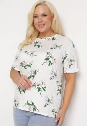 Biały T-shirt Koszulka z Krótkim Rękawem w Kwiaty Henubia. Białe bluzki damskie Born2be, l, bez wzorów, z materiału, eleganckie, bez kołnierzyka, plus size, bez ramiączek. Za 29.99 zł.