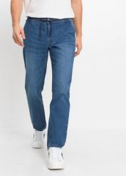 Lekkie dżinsy ze stretchem z gumką w talii regular fit straight. Niebieskie jeansy męskie bonprix, z denimu. Za 129.99 zł.