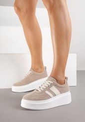 Ciemnobeżowe Sneakersy Kultowe Tenisówki na Platformie z Koturnem Elisara. Brązowe trampki i tenisówki damskie Born2be, bez wzorów, z materiału, bez zapięcia. Za 109.99 zł.