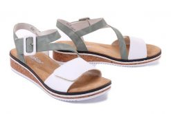 RIEKER V3660-52 green combination, sandały damskie. Zielone sandały damskie Rieker, bez wzorów, bez obcasa, na koturnie, bez zapięcia. Za 209.93 zł.