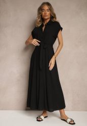 Czarna Koszulowa Sukienka z Wiskozy z Paskiem Rinaira. Czarne sukienki damskie Renee, na co dzień, l, bez wzorów, z materiału, eleganckie, bez kołnierzyka, bez ramiączek, maxi, koszulowe. Za 99.99 zł.