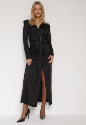 Czarna Elegancka Sukienka z Trenem i Rozcięciem Atissa. Czarne sukienki damskie Born2be, na imprezę, m, z aplikacjami, eleganckie, bez kołnierzyka, bez ramiączek, maxi, dopasowane. Za 149.99 zł.