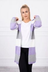 Sweter w pasy trzykolorowy ecru+fioletowy+szary. Fioletowe swetry nierozpinane damskie KESI, l, bez wzorów, z poliesteru, bez kołnierzyka, plus size, bez ramiączek. Za 178.78 zł.