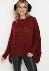 Bordowy Luźny Sweter w Stylu Ponczo Kossela. Czerwone swetry nierozpinane damskie Born2be, bez wzorów, z jeansu, wizytowe, bez kołnierzyka, bez ramiączek. Za 84.99 zł.