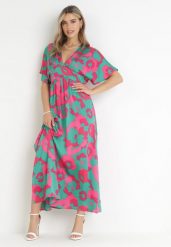 Zielona Rozkloszowana Sukienka Maxi w Kwiaty Olvera. Zielone sukienki damskie Born2be, l, bez wzorów, bez kołnierzyka, bez ramiączek, maxi, rozkloszowane. Za 169.99 zł.