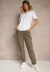 Ciemnozielone Spodnie z Bawełną i Sznurowaniem Purrena. Zielone spodnie materiałowe damskie Renee, bez wzorów, z bawełny, eleganckie. Za 39.99 zł.