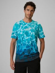 4F T-shirt relaxed z nadrukiem męski - turkusowy S. Niebieskie t-shirty męskie 4F, m, bez wzorów, z bawełny, bez kołnierzyka, bez ramiączek. W wyprzedaży za 69.99 zł.
