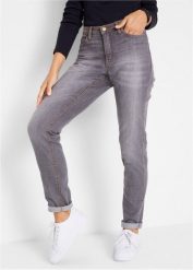 Jeansy o kroju mom, mid waist, z wygodnym stretchem. Szare jeansy damskie bonprix, bez wzorów, z jeansu. Za 109.99 zł.