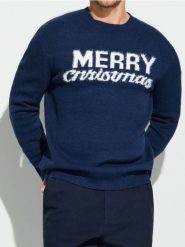 Sweter z motywem świątecznym - granatowy. Niebieskie swetry męskie Sinsay, l, bez wzorów, wizytowe, bez kołnierzyka, bez ramiączek. Za 59.99 zł.