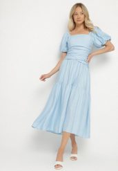 Niebieska Sukienka Rozkloszowana z Wiskozy z Kwadratowym Dekoltem i Drapowaniem Napessia. Niebieskie sukienki damskie Born2be, na co dzień, l, bez wzorów, z wiskozy, eleganckie, bez kołnierzyka, bez ramiączek, midi, rozkloszowane. Za 119.99 zł.