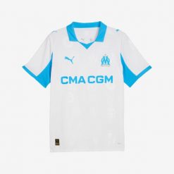 Koszulka piłkarska Puma Olympique de Marseille 25/26 domowa. Bluzki damskie Puma, xl, bez wzorów, z materiału, sportowe, bez kołnierzyka, bez ramiączek. Za 459.99 zł.