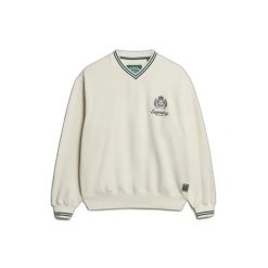 Damski sweter z dekoltem w serek Superdry Country Club. Białe swetry nierozpinane damskie Superdry, bez wzorów, bez kołnierzyka, bez ramiączek. Za 332.10 zł.