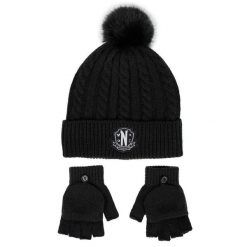 Zestaw czapka i rękawiczki Cerda Wednesday. Czarne czapki damskie Cerda, na zimę, bez wzorów, z materiału, eleganckie. Za 124.00 zł.