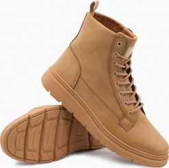 Buty trekkingowe męskie Ombre Jednokolorowe wysokie buty męskie z ozdobnymi przeszyciami camel V3 OM-FOBO-0133 41. Brązowe trekkingi męskie Ombre, bez zapięcia. Za 149.99 zł.