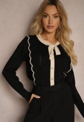 Czarny Sweter z Wiskozą z Ozdobnymi Guzikami i Kokardą w Stylu Retro Miaraine. Czarne swetry nierozpinane damskie Renee, bez wzorów, z jeansu, biznesowe, bez kołnierzyka, bez ramiączek. Za 109.99 zł.