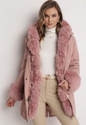 Różowa Kurtka Parka z Futerkiem i Ściągaczem Hegade. Czerwone kurtki damskie Born2be, l, z aplikacjami, z futra, bez kaptura. Za 369.99 zł.