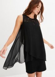 Sukienka z dżerseju i szyfonu. Czarne sukienki damskie bonprix, bez wzorów, z dżerseju, eleganckie, bez kołnierzyka, bez ramiączek. Za 64.99 zł.