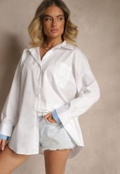 Biała Bawełniana Koszula Typu Oversize Ronmira. Białe koszule damskie Renee, uniwersalny, bez wzorów, z bawełny, eleganckie, bez kołnierzyka, bez ramiączek. Za 89.99 zł.