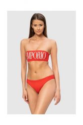 EMPORIO ARMANI Czerwone bikini z białym logo. Czerwone bikini Emporio Armani, m, bez wzorów, z poliamidu. W wyprzedaży za 329.99 zł.