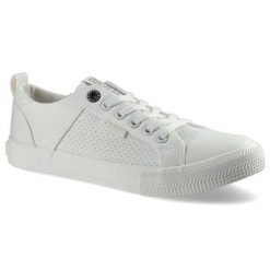 Trampki damskie Big Star, z materiałową cholewką perforowanym panelem bocznym wiązaniem na oczka i gumowanym noskiem, białe, HH274017. Białe trampki i tenisówki damskie BIG STAR, bez wzorów, z gumy, bez zapięcia. Za 99.99 zł.